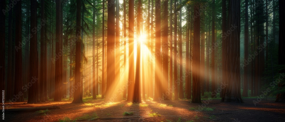 Golden rays pierce a serene forest, illuminating towering trees and a carpet of rich earth, creating a tranquil and mystical atmosphere in natures embrace. Golden rays pierce a serene forest, illuminating towering trees and a carpet of rich earth, creating a tranquil and mystical atmosphere in natures embrace.