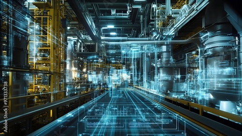 A visually stunning and immersive digital environment featuring a futuristic,high-tech interface with a complex network of interconnected pipelines,wires,and glowing neon lights.