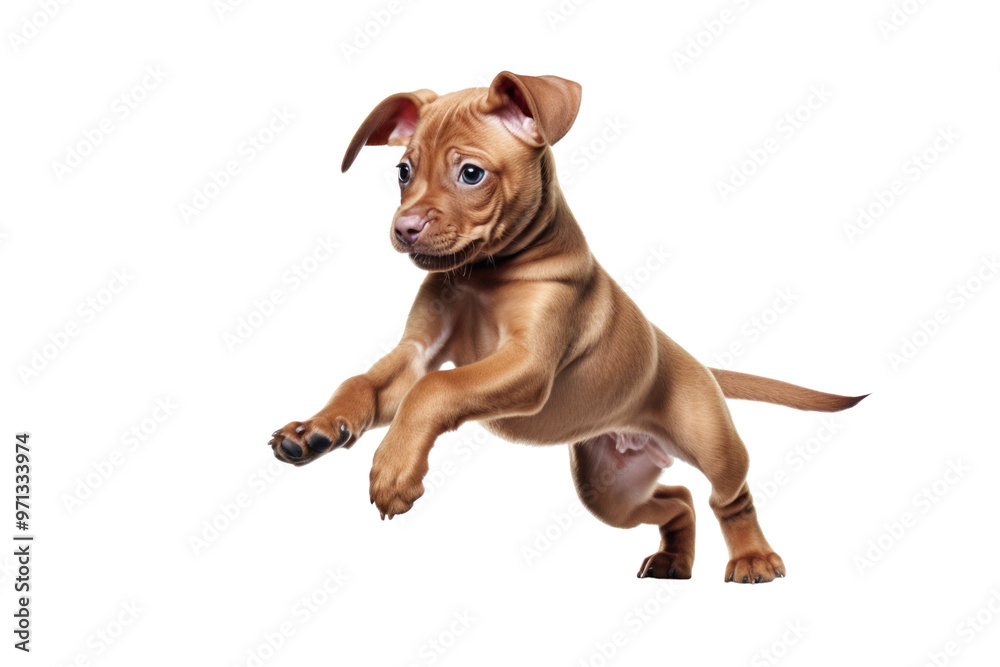 Naughty Bordeaux puppy chasing its own tail, isolated on white background.