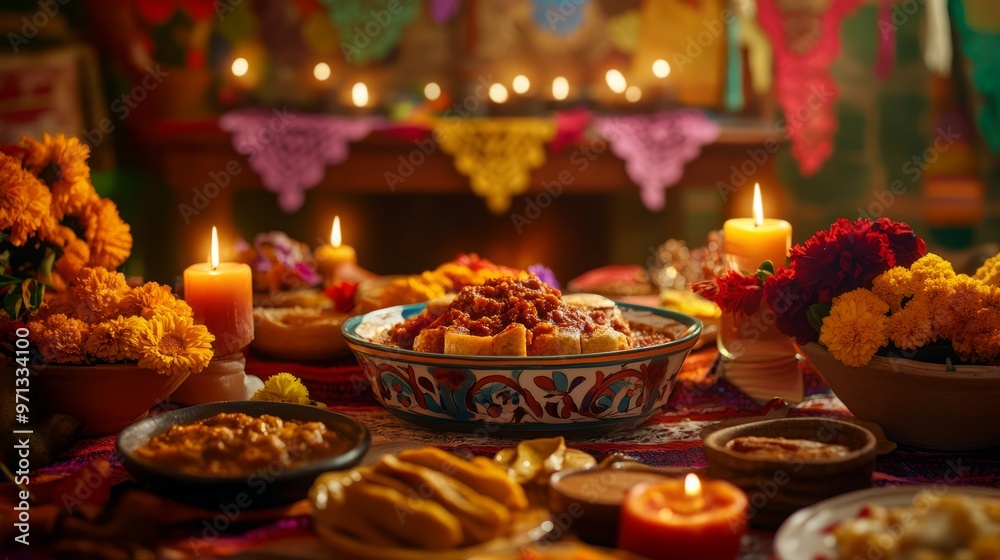 Vibrant dia de los muertos altar with traditional offerings and lit candles Vibrant dia de los muertos altar with traditional offerings and lit candles