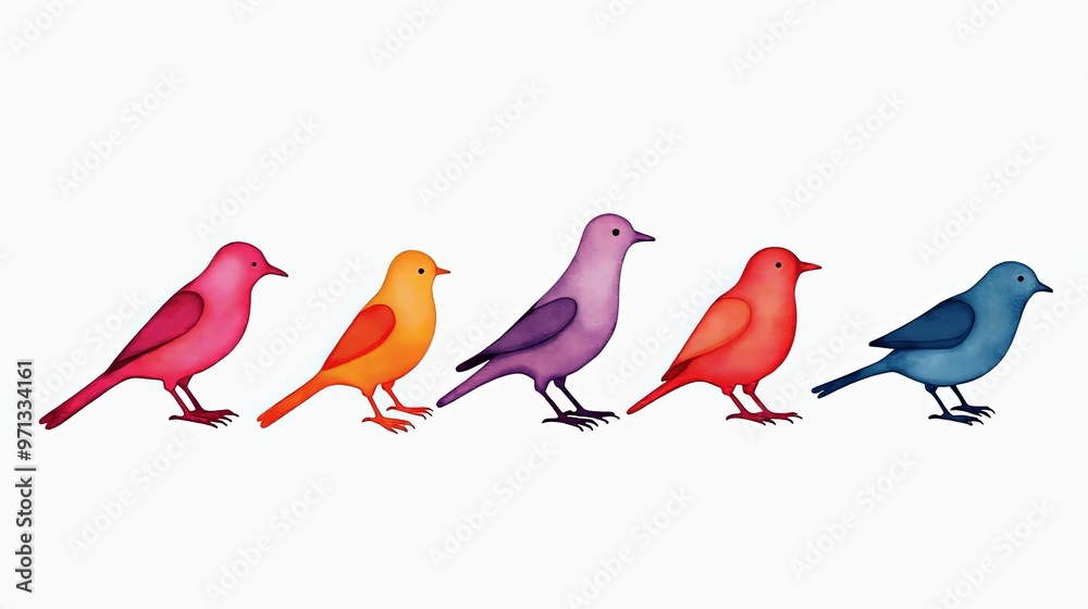Fototapeta premium Colorful Watercolor Bird Silhouettes in Pink Orange Violet and Blue
