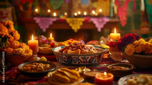 Vibrant dia de los muertos altar with traditional offerings and lit candles