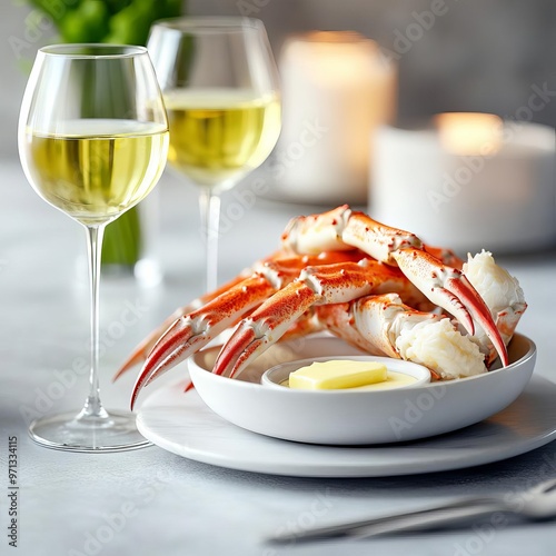 Pinot Blanc with crab legs, butter dipping sauce, upscale dining, 3D illustration photo