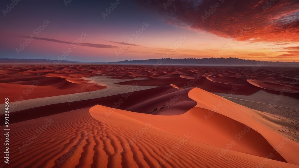 A stunning desert landscape at sunset, showcasing vibrant red sand dunes and a colorful sky. A stunning desert landscape at sunset, showcasing vibrant red sand dunes and a colorful sky.