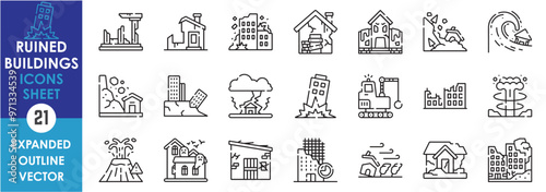 A set of line icons related to Ruined Buildings. Ruin, damage, disaster, destroyed, demolition, destroy, earthquake, war, catastrophe, and so on. Vector outline icons set.