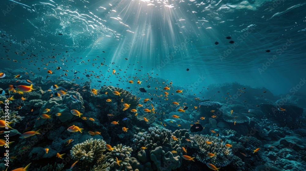 Fototapeta premium Underwater Coral Reef with Sunbeams