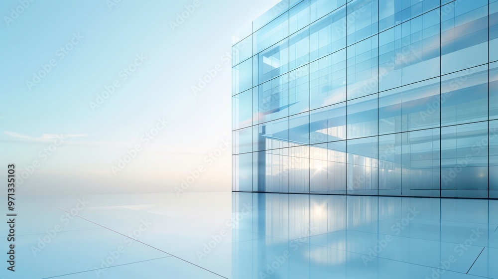 Fototapeta premium Modern architectural marvel, minimalist glass structure reflecting soft sunlight, seamless integration of space and light, creating an ethereal atmosphere.
