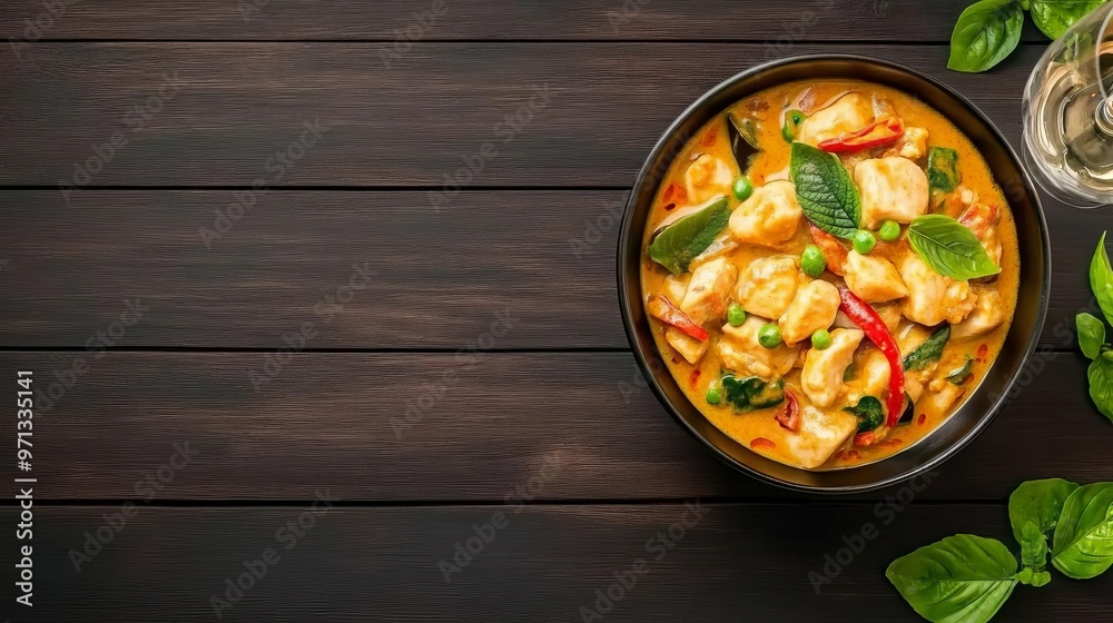 Riesling with Thai curry, spicy and aromatic, exotic setting, 3D illustration Riesling with Thai curry, spicy and aromatic, exotic setting, 3D illustration