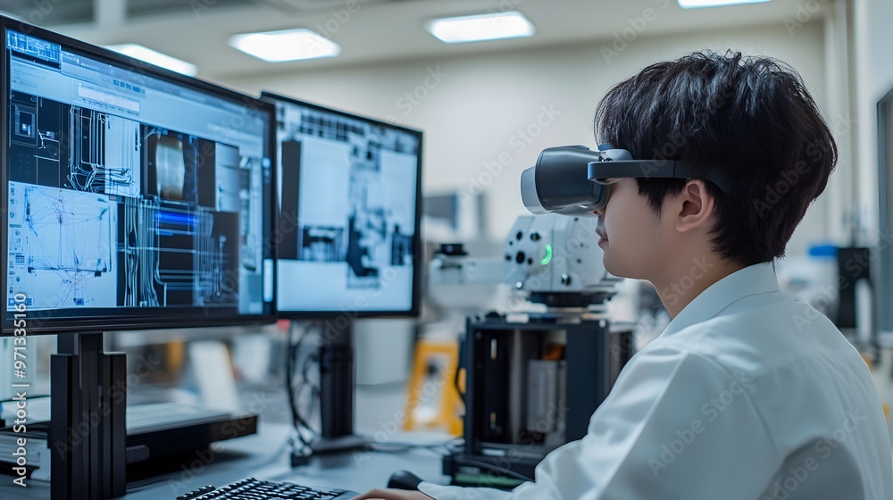 Technologist wearing virtual reality headset and using controllers to interact with digital interfaces in a modern,high-tech workspace.