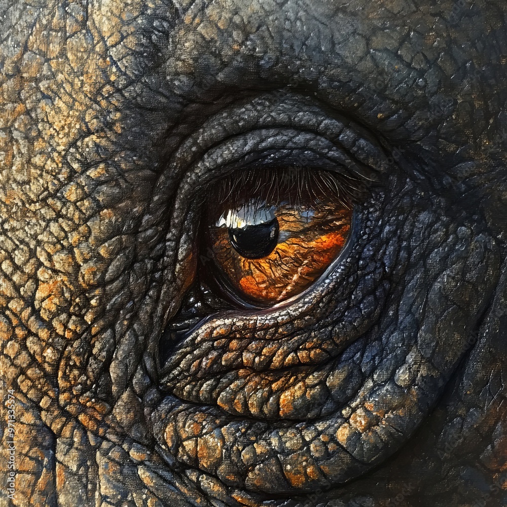 Close-up of an elephant's eye, showcasing its wrinkled skin and the deep brown color. Close-up of an elephant's eye, showcasing its wrinkled skin and the deep brown color.