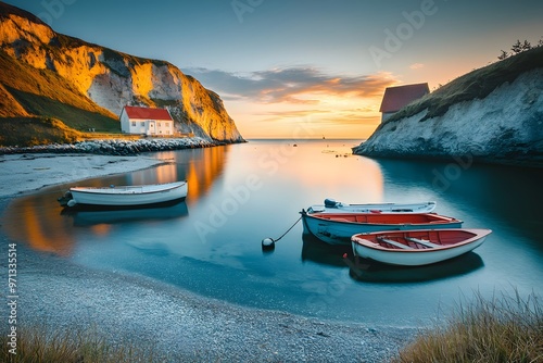 Tranquil bay with three boats at sunrise and a white house on the cliffside. photo