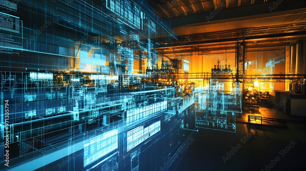 A digital and futuristic visualization of interconnected virtual systems,data analytics,and advanced technologies in a modern industrial or architectural environment. A digital and futuristic visualization of interconnected virtual systems,data analytics,and advanced technologies in a modern industrial or architectural environment.