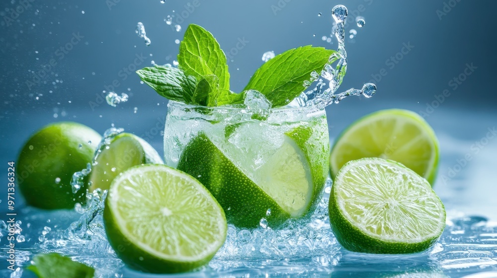 Refreshing Lime and Mint Splash in Glass with Ice Refreshing Lime and Mint Splash in Glass with Ice
