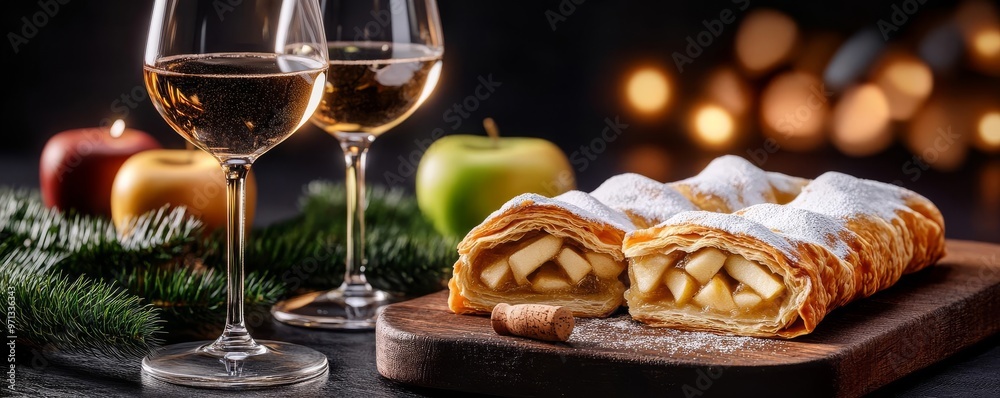 White wine and apple strudel, powdered sugar, cozy winter evening, 3D illustration White wine and apple strudel, powdered sugar, cozy winter evening, 3D illustration
