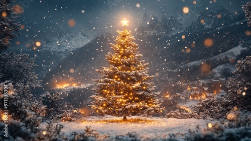 Majestic Christmas tree in snowy mountain landscape at dusk