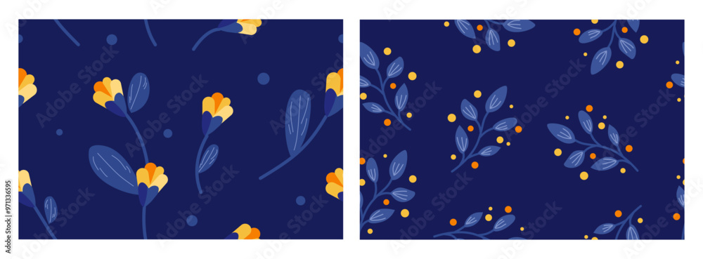 Fototapeta premium Two of Cute seamless drawing pattern with flower and leaves on blue background 