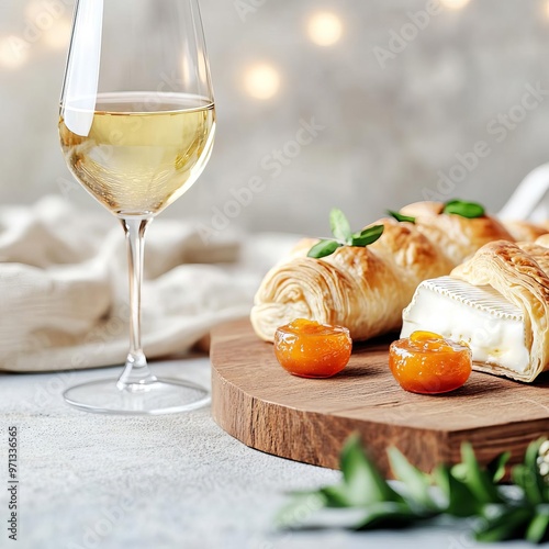 White wine and brie en croute, apricot preserves, festive holiday table, 3D illustration photo