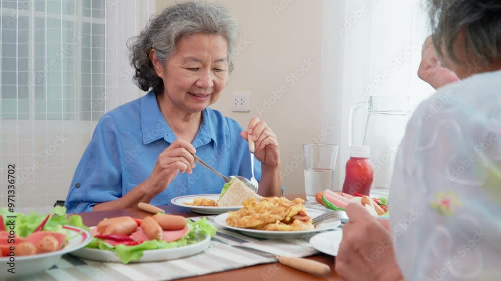 Group of Joyful senior women with gray hair having breakfast together at home. Elderly retired woman friends enjoying a plate of food, exuding warmth and contentment. Enjoy the retirement life concept Group of Joyful senior women with gray hair having breakfast together at home. Elderly retired woman friends enjoying a plate of food, exuding warmth and contentment. Enjoy the retirement life concept