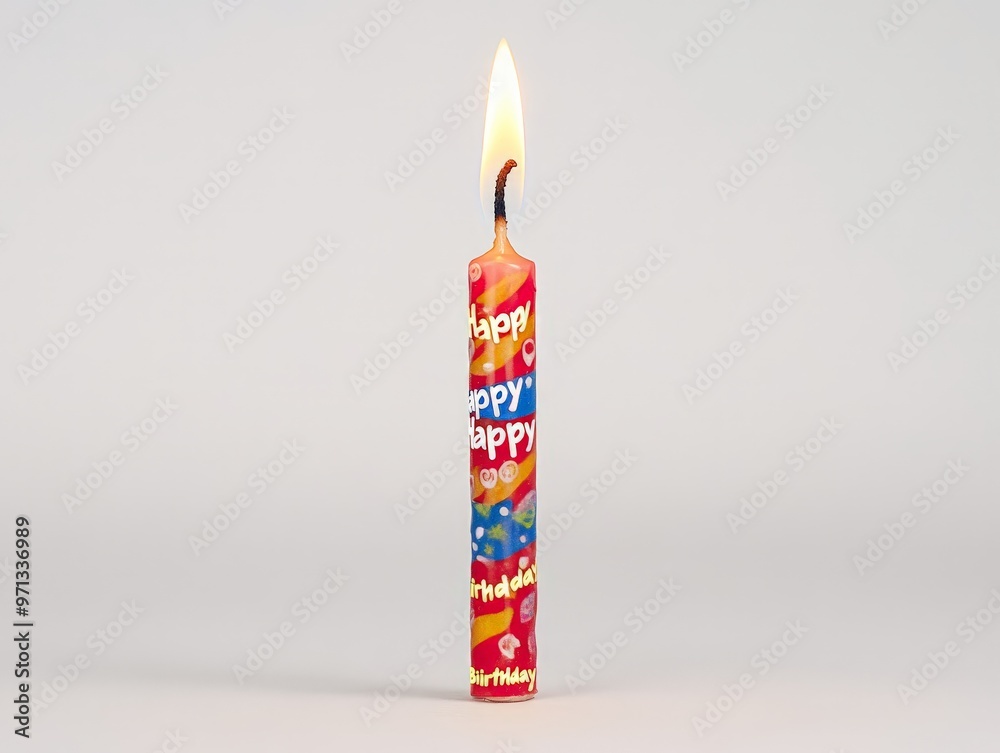 A red and yellow candle with the words Happy Birthday written on it A red and yellow candle with the words Happy Birthday written on it