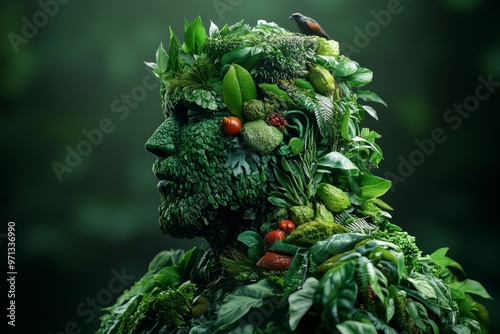 Commensalism leaf venation calcicole ecoregion and chloroplast portrait of a person with birds and leaves growing from their face blending life and nature photo