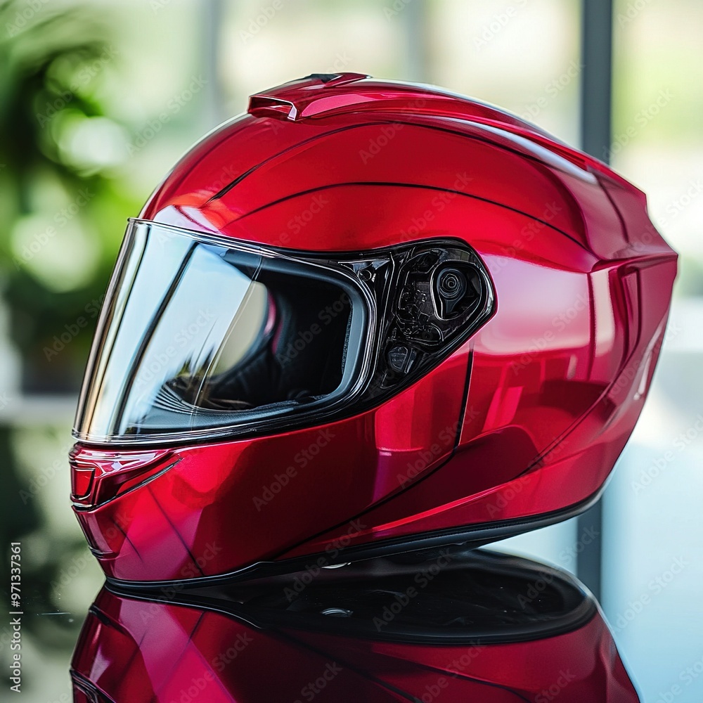 Fototapeta premium Shiny red helmet on a reflective surface.