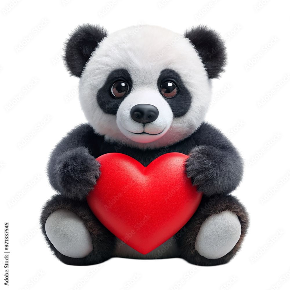 Cuddly panda holding a crimson heart Isolated on transparent background.