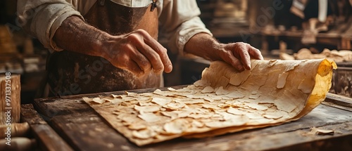 Closeup view of a skilled craftsperson s hands working on intricate wooden textures and patterns showcasing the authentic photo