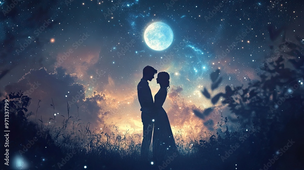 Naklejka premium Lovers exchanging a deep loving gaze under a sky full of stars soft moonlight and twinkling stars creating an ethereal romantic atmosphere