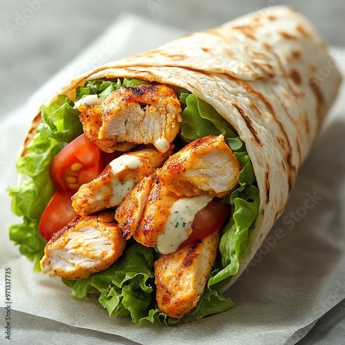 Buffalo chicken wrap with lettuce, tomato, and ranch, Fast food, spicy wrap