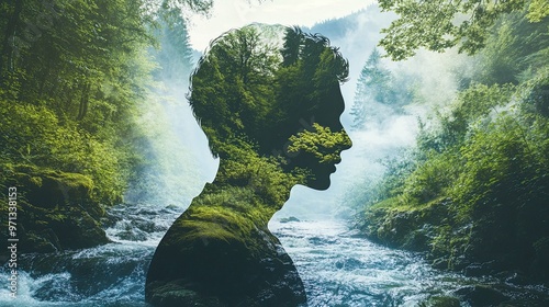 Fusion of a human silhouette and a river flowing through a forest representing harmony between humans and water ecosystems serene and tranquil design photo