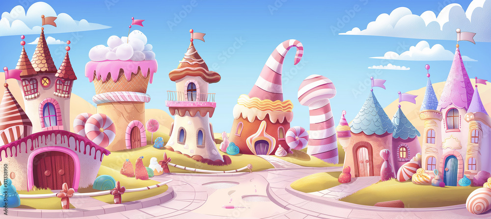 The Candy city with cake castle, houses cakes, game background, Illustration The Candy city with cake castle, houses cakes, game background, Illustration