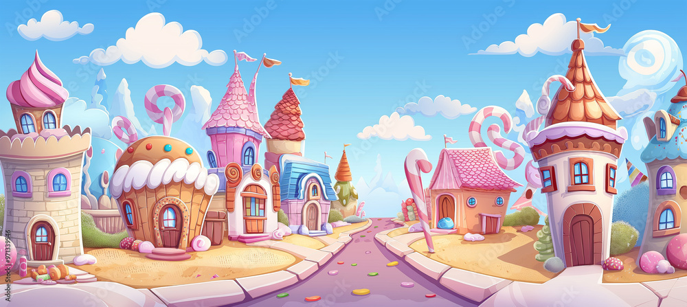 Obraz premium The Candy city with cake castle, houses cakes, game background, Illustration