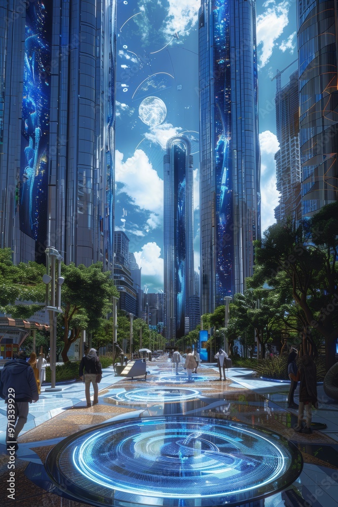 Obraz premium Modern urban plaza with holographic displays