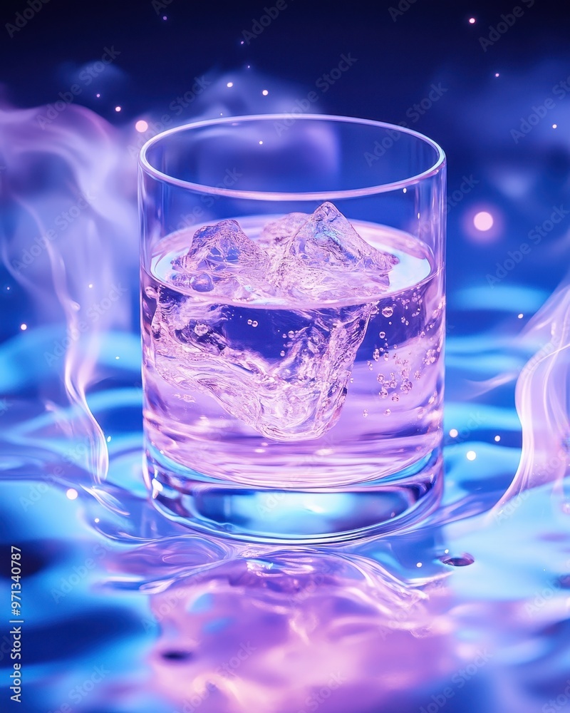 Purple Liquid in Glass with Ice and Blue Water Reflection Purple Liquid in Glass with Ice and Blue Water Reflection