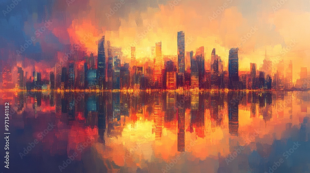 Fototapeta premium Skyline of a modern city reflected on calm water creating a beautiful oil painting effect that captures the urban landscape at sunset