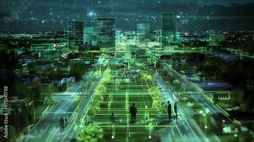 Futuristic green-powered cityscape with a glowing digital infrastructure and interconnected smart urban systems. Advanced data visualization and simulation of a sustainable.