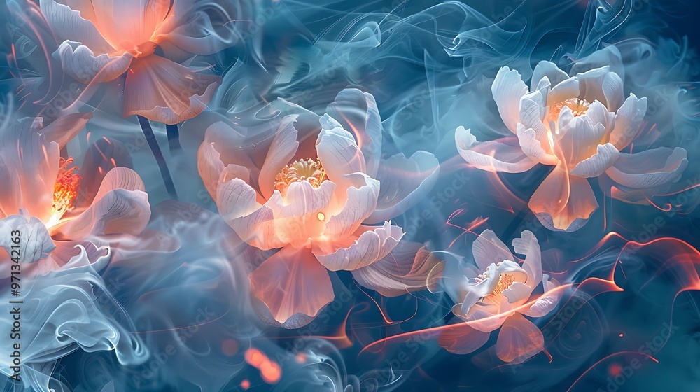 Obraz premium Ethereal and dreamlike abstract glowing flowers surrounded by swirling smoke. Vibrant hues and delicate textures blend harmoniously for an artistic, fantasy feel