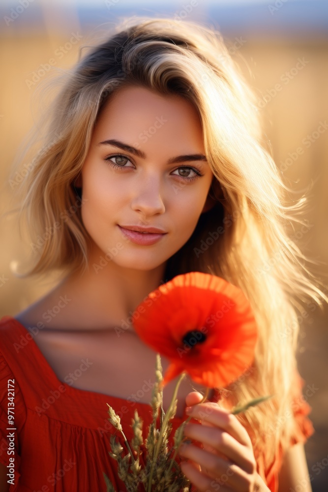 Portrait of a woman in a poppy field. Vertical photo. Generative AI. Portrait of a woman in a poppy field. Vertical photo. Generative AI.