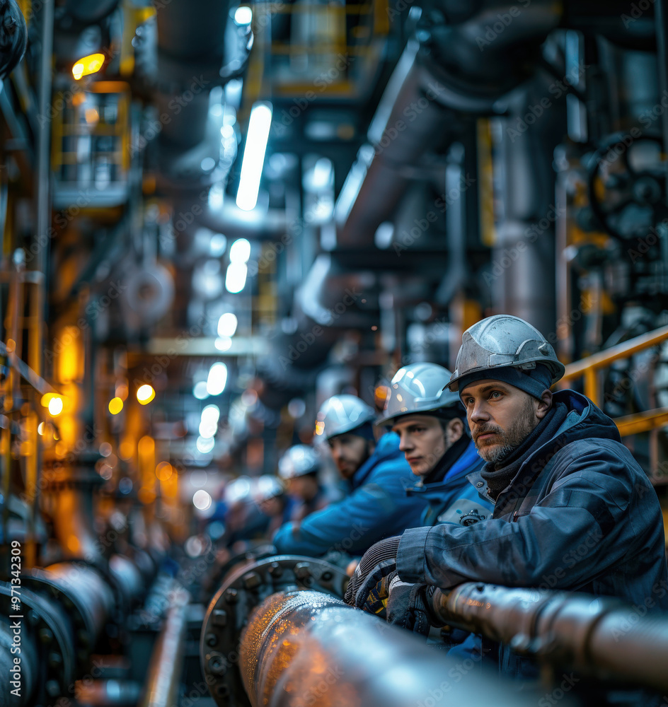 Worker uniform industrial plant, makes survey, checking equipment against background Worker uniform industrial plant, makes survey, checking equipment against background