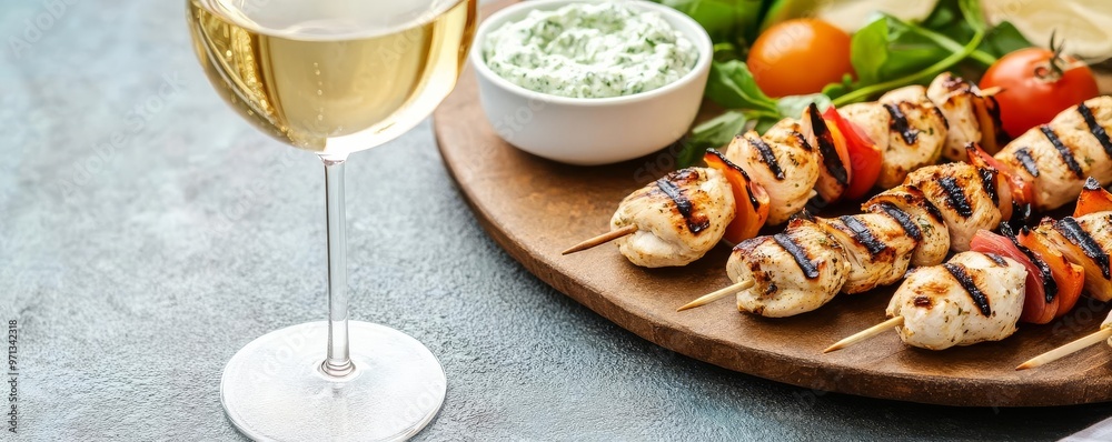 White wine with grilled chicken skewers, tzatziki dip, Mediterranean platter, 3D illustration