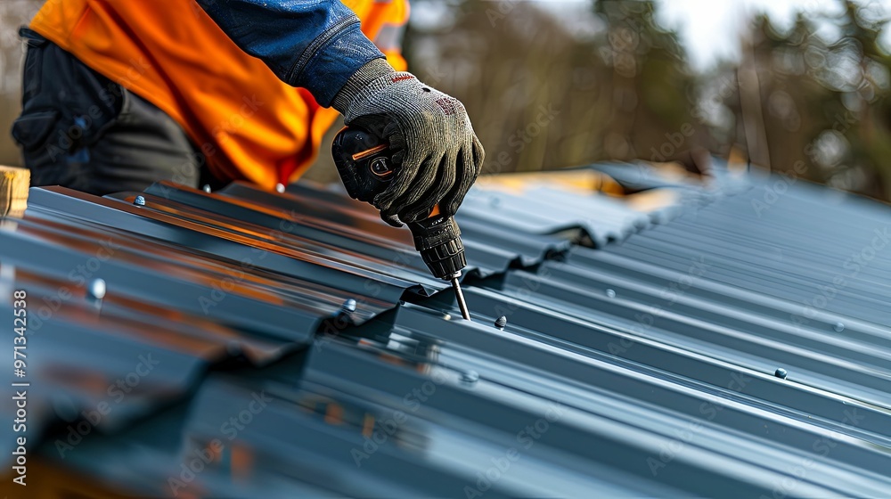 Close-up of a worker installing metal roofing with a power drill Close-up of a worker installing metal roofing with a power drill