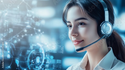Customer Support Agent with Headphones and Futuristic Interface
