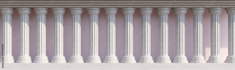 Classical building facade with stone columns in a row, marble pillars colonnade, Ancient Greek architecture.