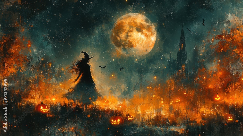 Halloween night with a witch flying across a full moon Halloween night with a witch flying across a full moon