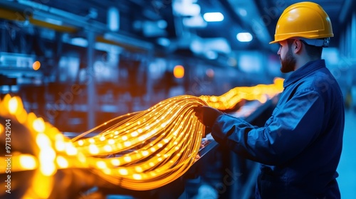 A focused worker inspects illuminated cables in a large industrial facility, showcasing precision in electrical assembly.
