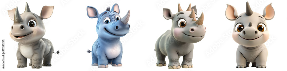 Obraz premium A cheerful collection of animated rhinoceros characters in various colors, perfect for children's themes and playful designs.