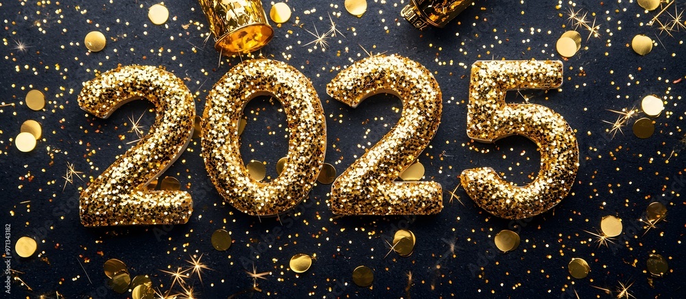 Golden glittery numbers 2025 on a black background with sparkling confetti