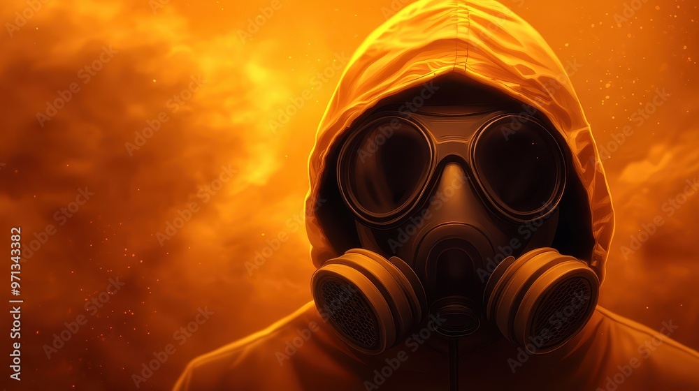 A mysterious figure wearing a gas mask and a hood, surrounded by an eerie orange haze, symbolizing danger and caution.