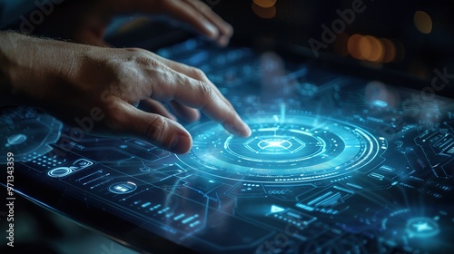 A human touch is interacting with a virtual screen icon. The icon is likely designed with a modern and sleek look. The human hand is reaching out, perhaps to select or manipulate the icon. 