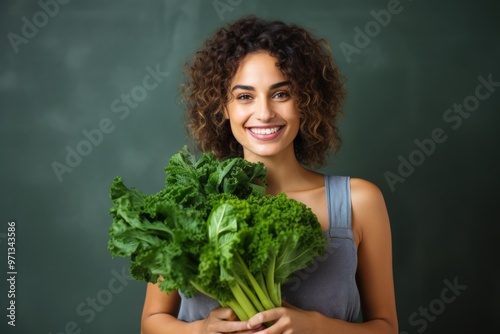 Woman have fun holding gluten-free organic green vegetable. Healthy nutrition. Generative AI. photo